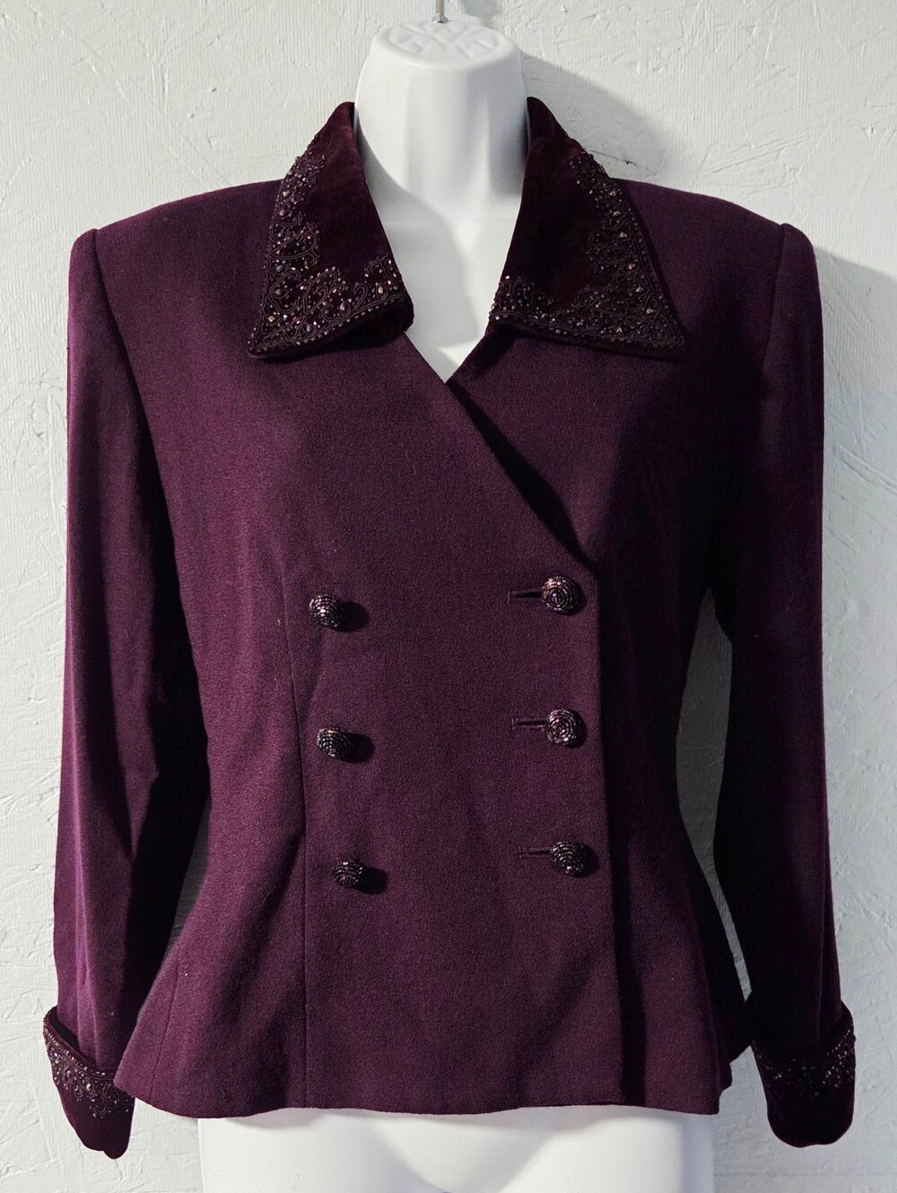 Vtg 90s Albert Nipon Purple Double-Breasted Wool Blazer W/  Velvet Trim - Size 4